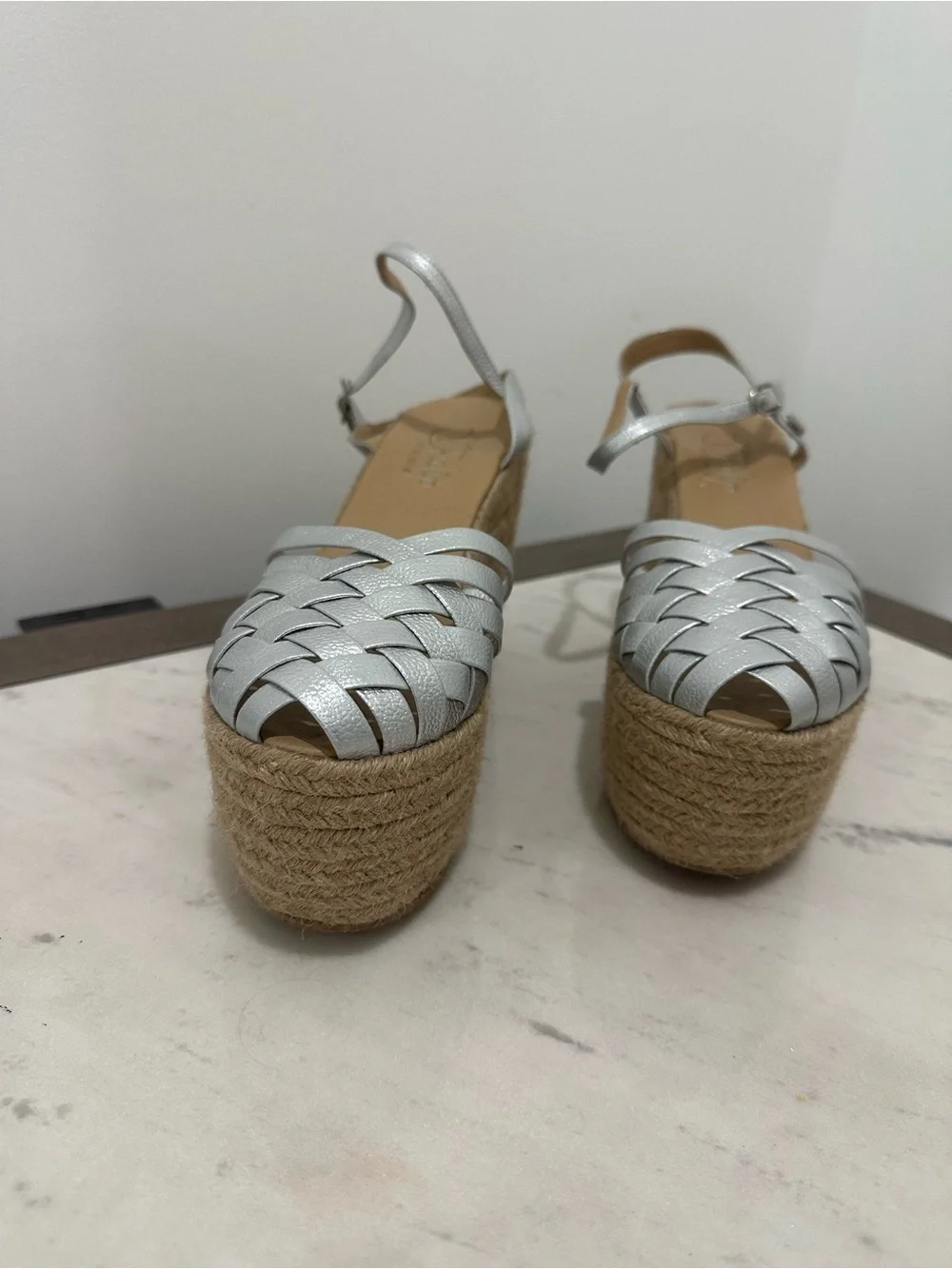 Metallic Silver Woven Espadrille Platform Wedge Sandals